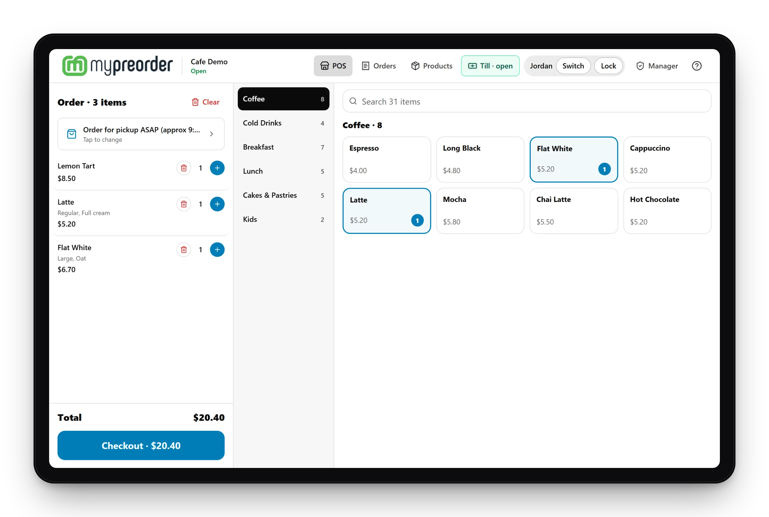 mypreorder point of sale (POS) on a tablet, with an order ticket, menu categories and coffee tiles
